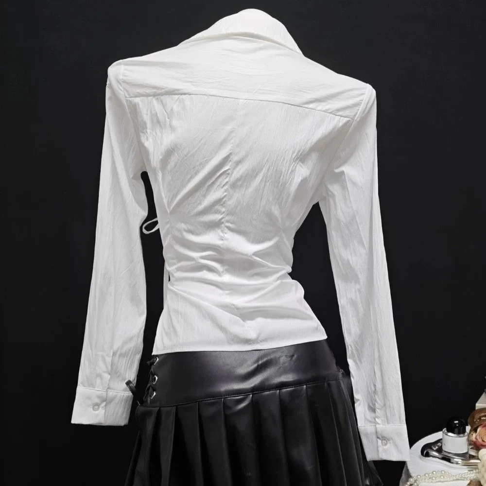 Street-Style Langarm Slim-Fit Hemd Harajuku Y2K Damen Tailliertes Hemd V-Ausschnitt Büro Ästhetische Bluse Frühling Sommer – Detail 12