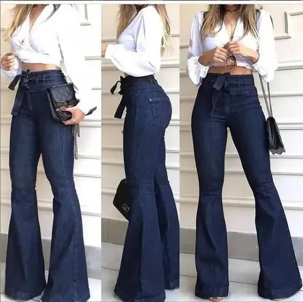 Moda donna primavera/autunno a vita alta, Hip-lift Lace-up pantaloni svasati leggermente svasati Jeans Jeans a gamba larga lavati tinta unita