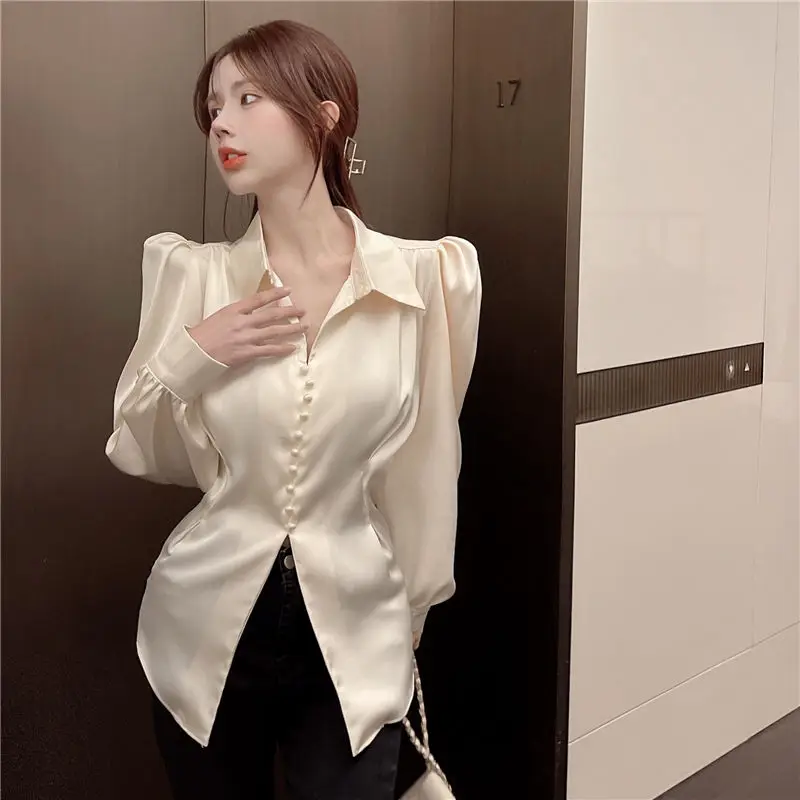 

2025 French Elegant Satin Blouse Women Autumn Summer Bow Tie Bubble Sleeve Backless Chic Unique Tailored Waist Top Fashionable