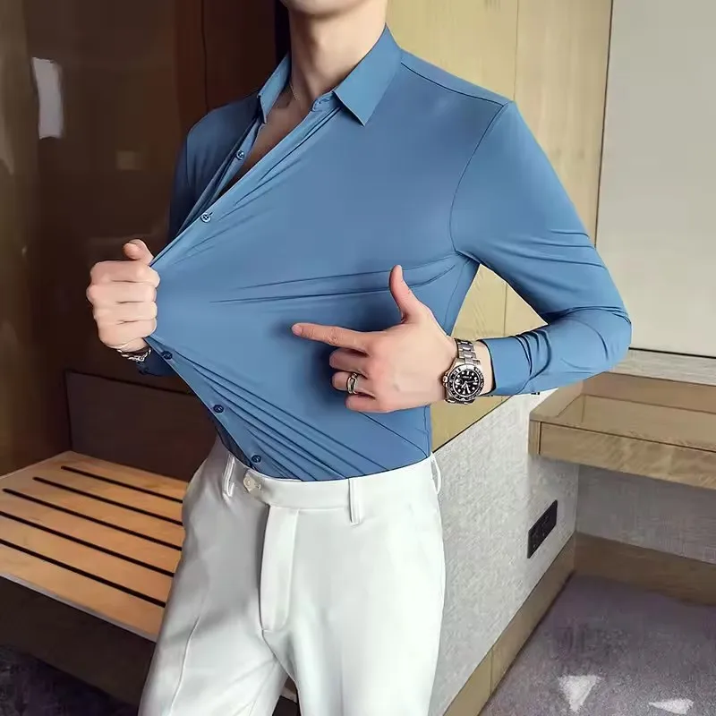 Premium Men's Ultra-Stretch Shirt High Quality Business Formal Long Sleeve Causal Soft Solid Color Seamless White Big 5XL 130KG
