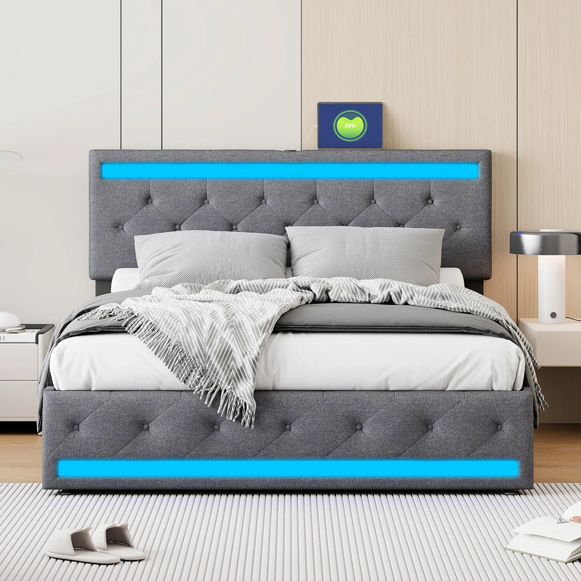 Lit king size Superaly 180 x 200 cm, cadre de lit double en lin gris avec 4 tiroirs de rangement, lit rembourré pour adolescents et adultes, meubles de chambre à coucher