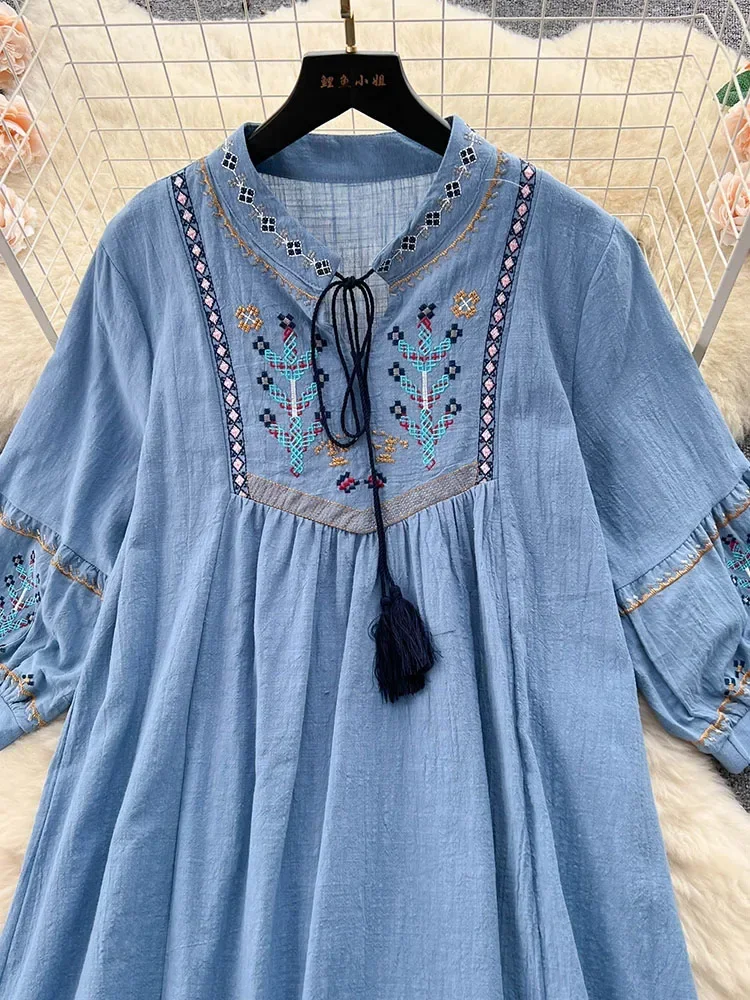 Women Summer Dress New Casual Embroidered Bubble Sleeves Ethnic Style Loose and Slim Foreigner Style Short Dress D4569