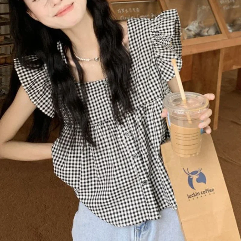 Plaid Shirts Women Cute Ruffles Flying Sleeve Korean Fashion Girlish Summer Tops Vintage Aesthetic Sexy Backless College Holiday