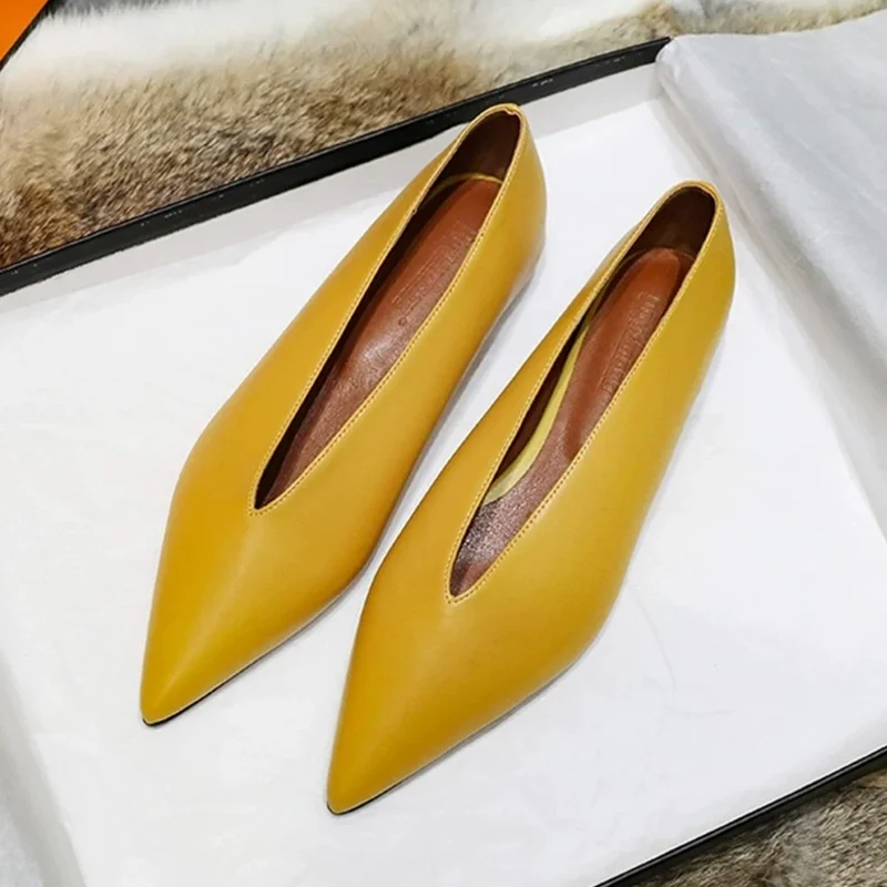 

Fashion Deep V Style Pointed Toe Flats Shoes Slip On Yellow PU Soft Leather Spring Autumn Female Casual Footwears