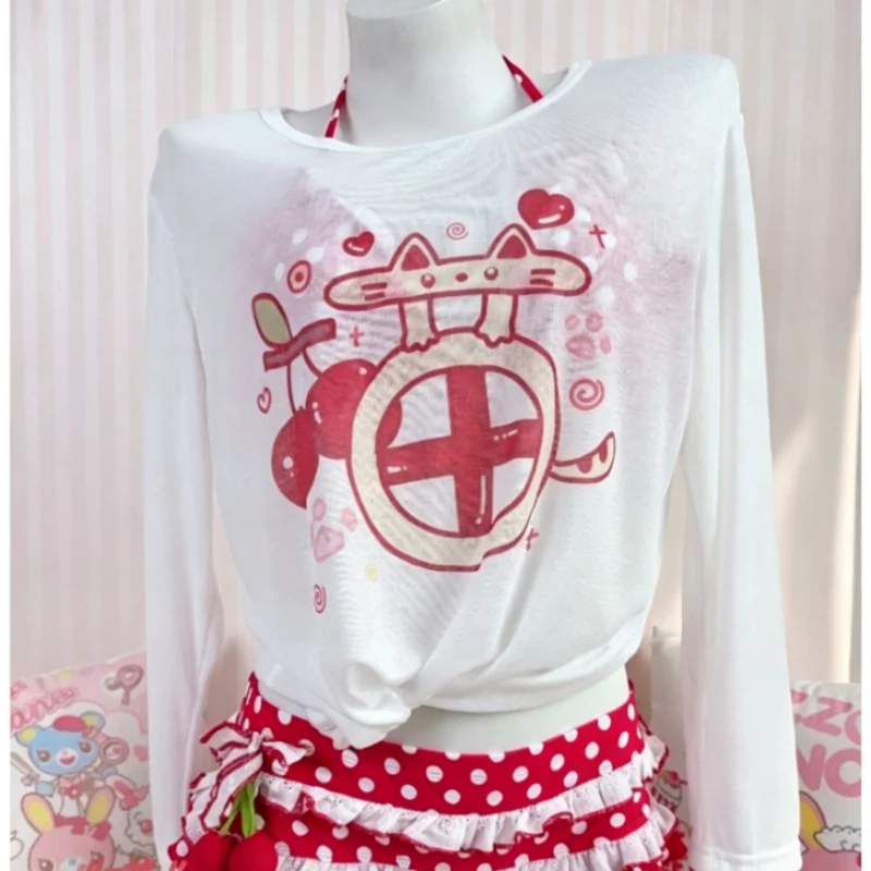 Japanese Kawaii Cute Print Sheer Cover Up Girly Light Alt Y2k Long Sleeve Mesh T Shirt Summer Women Casual Top
