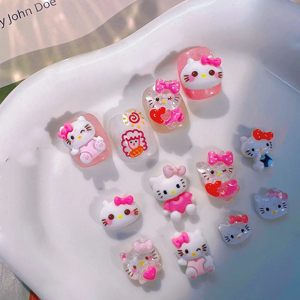 10pcs Miniso Hello Kitty Mini Nail Charms 8 Styles Transparent Glitter Hello Kitty Resin Nail Art Decorations Nail Accessories &