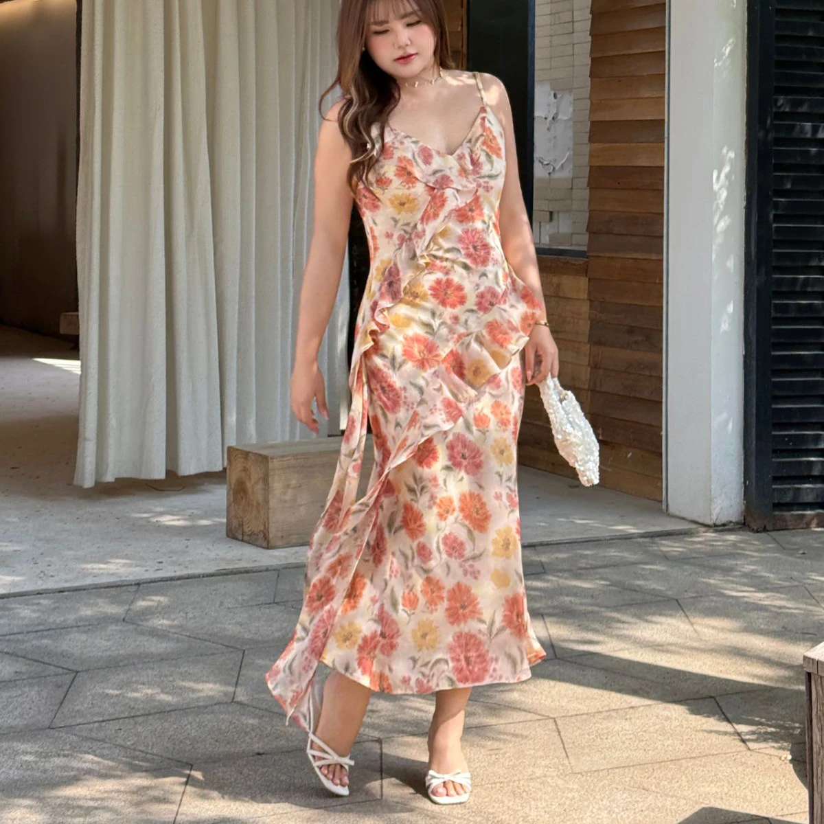 

2026 Summer Premium Plus Size Asymmetrical Chiffon Slip Dress Ribbon Detail Summer Ruffled Mermaid Hem Elegant Dress For Women