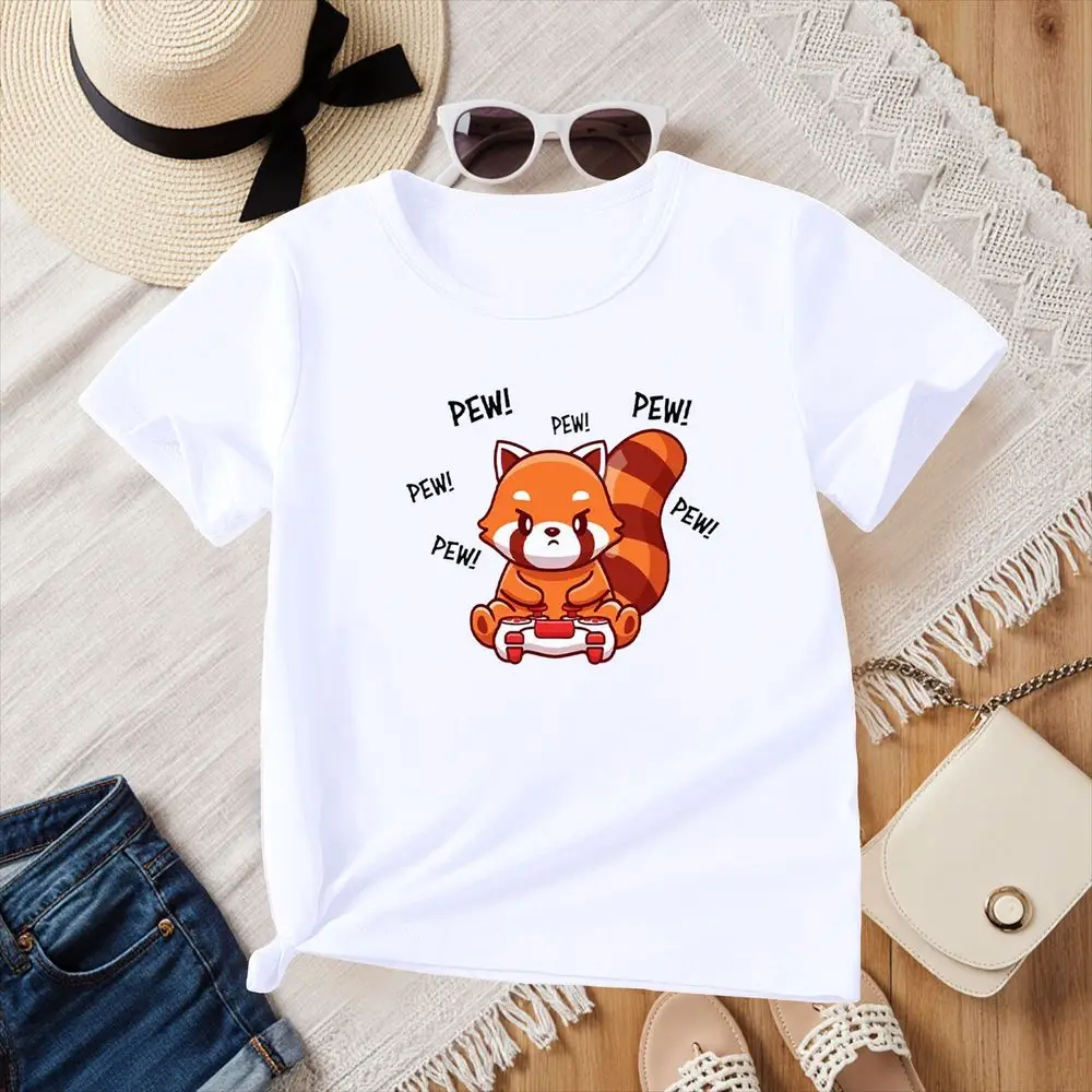 Cute Red Panda Playing Video Games Graphic T-Shirt Women Summer Short Sleeve Funny Cartoon Print Harajuku Anime Y2k Fashion Tops