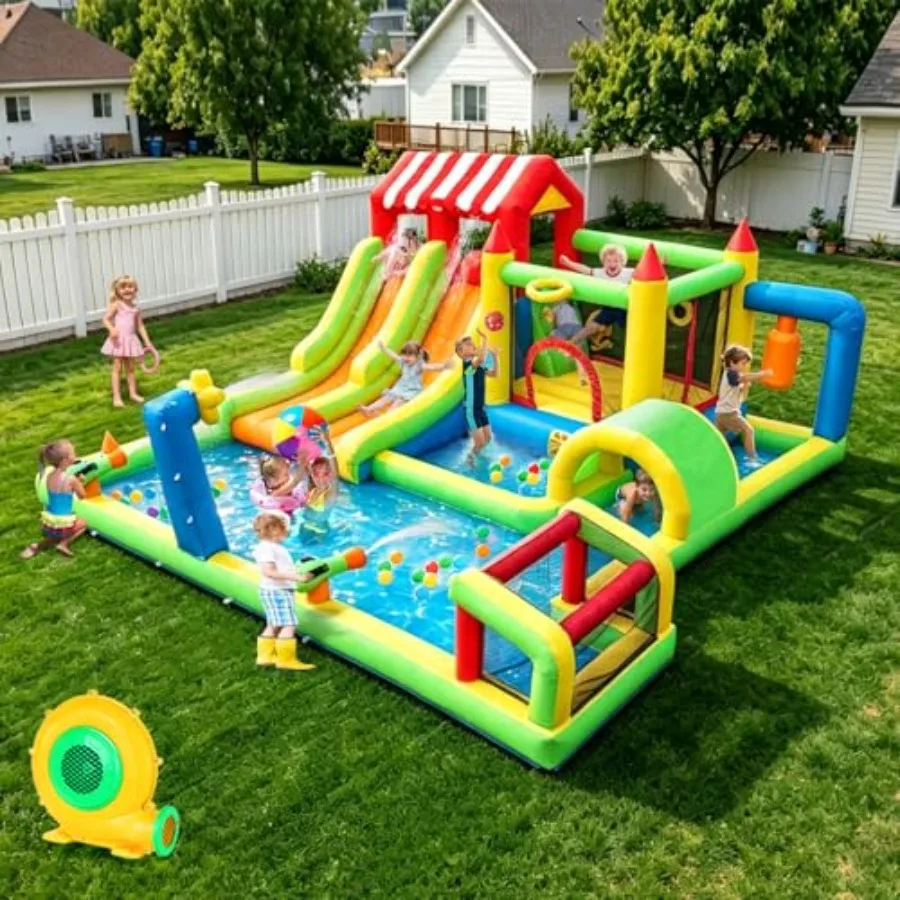 

11-in-1 Inflatable Water Slide Bounce House, Large Backyard Water Park with Climbing Wall Dual Slides, Bouncy Castle for Big