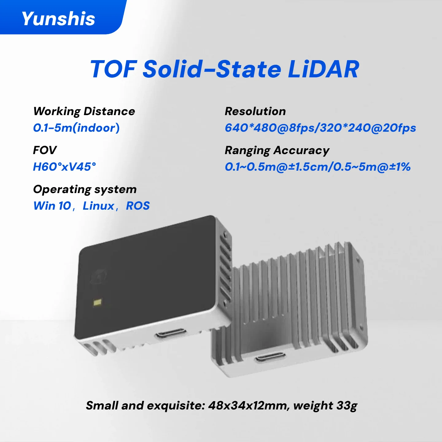 NEW2026 Yunshis Solid State LiDAR ToF Indoor 5m Range High-Precision Obstacle Avoidance Tray Positioning People Counting