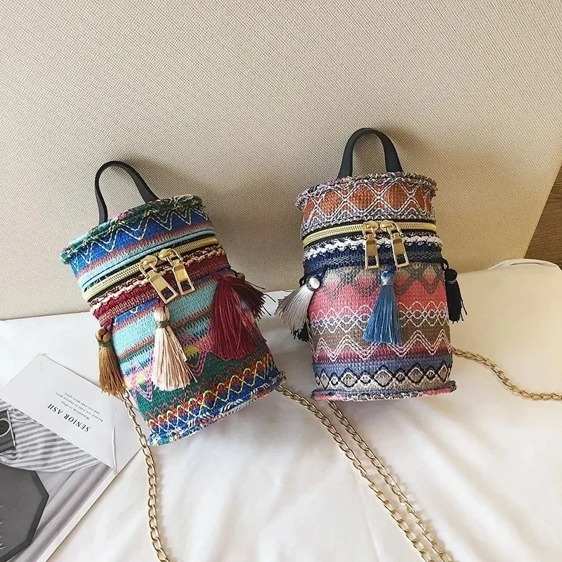 

Fashionable Women's Bag 2023 New Ethnic Style Personalized Single Shoulder Crossbody Bag Tassel Woven Bucket Bag