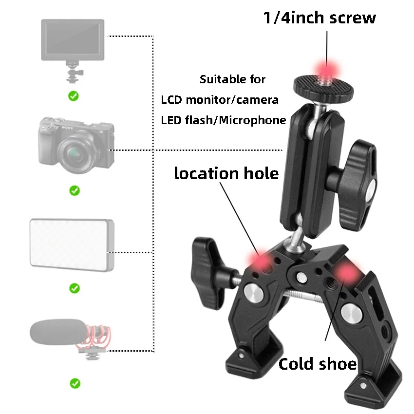 볼 헤드 어댑터가 있는 알루미늄 합금 클램프 마운트 홀더, 매직 암 스탠드, 고프로 히어로 SJcam DJI OSMO SLR 카메라 휴대폰용