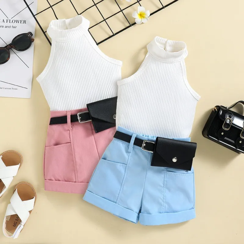 Children's Clothing sets Little Girls Solid Color Sleeveless Ribbed Stand-Up Collar Tops + Belted Short Pants + Small Waist Pack