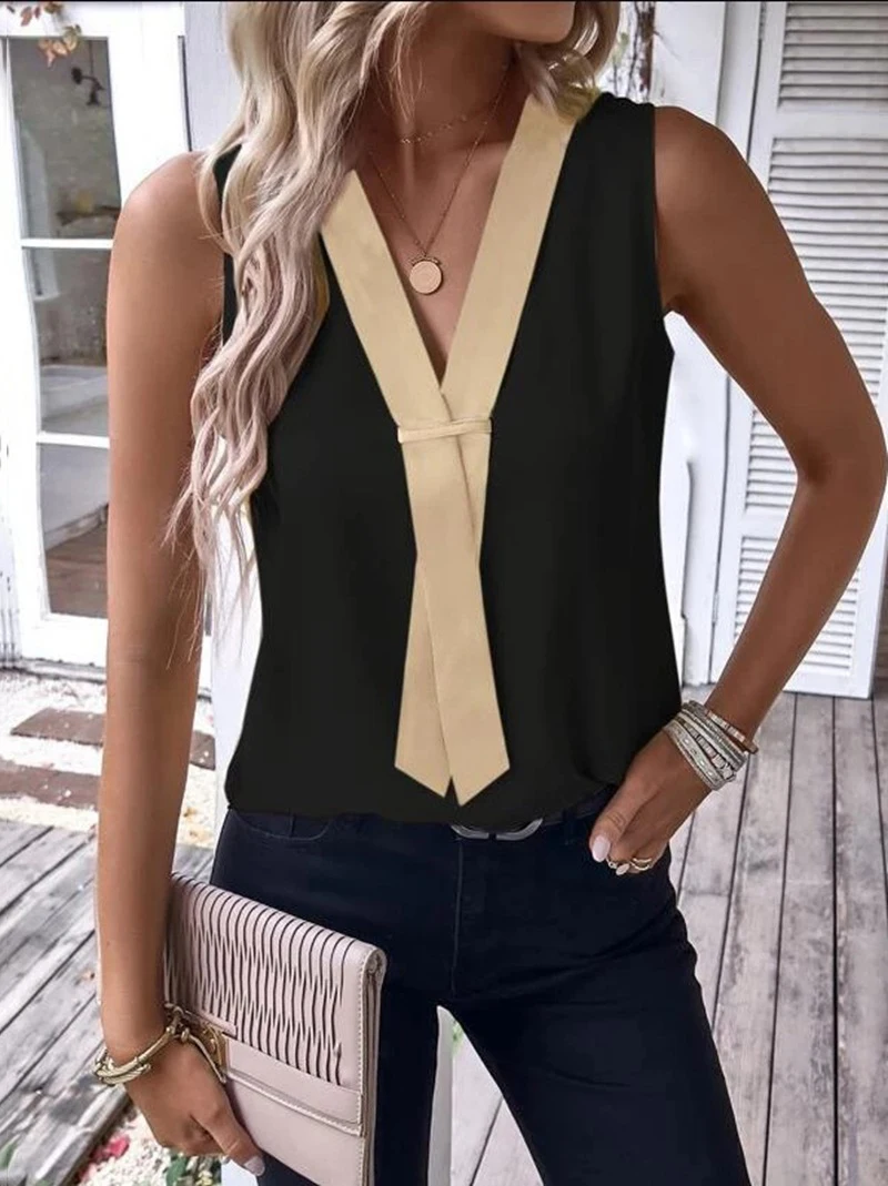 Fashion Sleeveless V-neck Tank Top Women Solid Casual Blouse Shirt 2023 Summer Elegant Office Womens Tops And Blouses