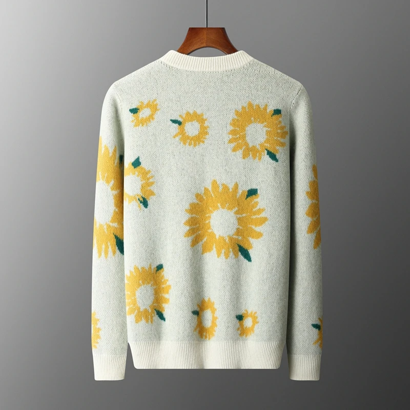 Autumn and winter new seven-pin round neck thick cashmere sweater men's sunflower jacquard sweater cover 100% Merino sweater bas