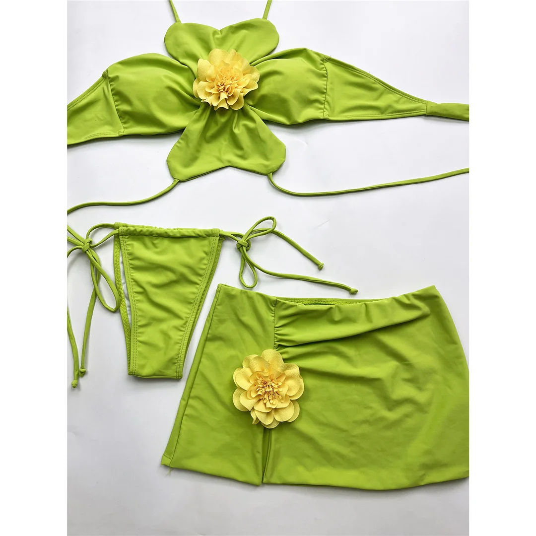 Mit Rock 3D-Blumen Neckholder-Bikini Damen-Badeanzug Damen-Bademode Dreiteiliges Bikini-Set Gepolsterter Badeanzug Badebekleidung V6699 – Detail 4