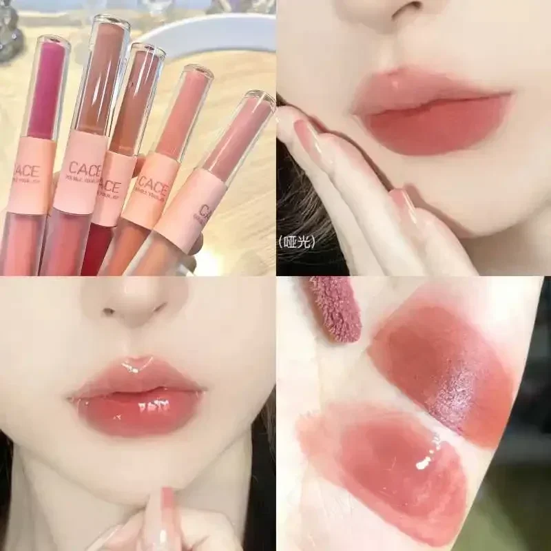 더블 엔드 미러 및 매트 립글레이즈 풀 글로스 모이스처 립 글로스 벨벳 장기 컬러 안티 얼룩 화장품 립글레이즈
