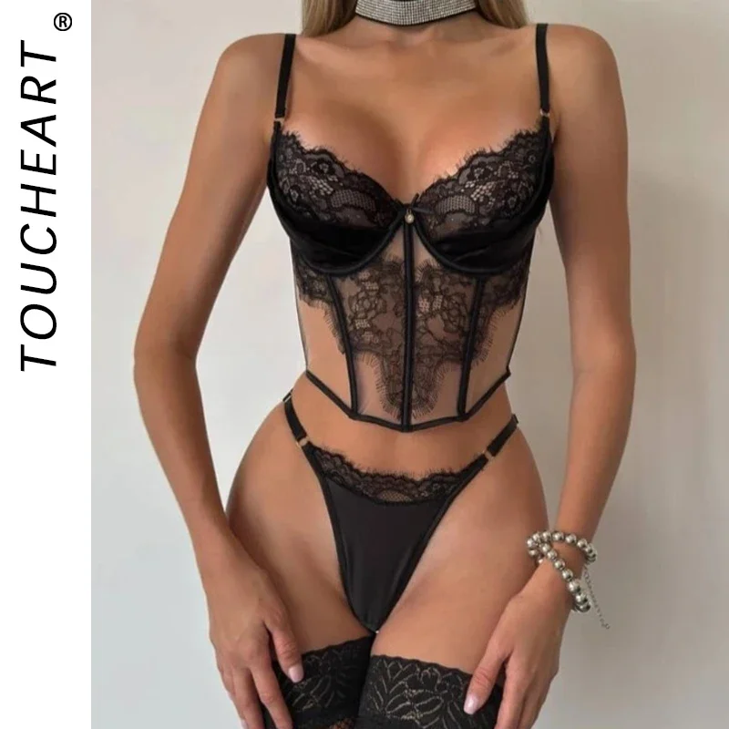

Toucheart черное женское кружевное интересное нижнее белье с вышивкой, прозрачный узкий универсальный комплект с открытой спиной и высокой талией