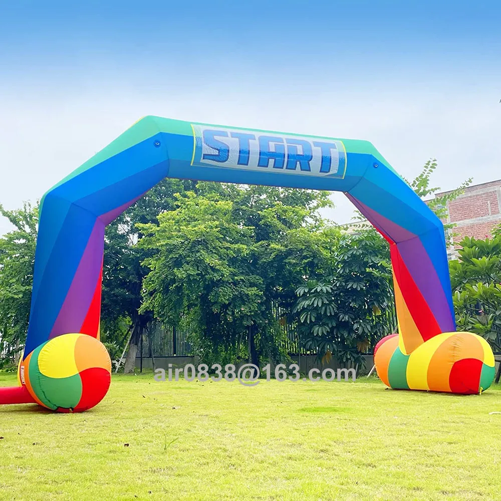 Rainbow Colorful Inflatable Start Finish Line With Replaceable Banner Free Standing Inflatable Race Arch For Outdoor Advertising