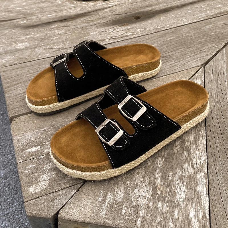 New Fashion Women's Suede Mules Slippers Men Clogs Cork Insole Sandals with Arch Support Outdoor Beach Slides Home Shoes