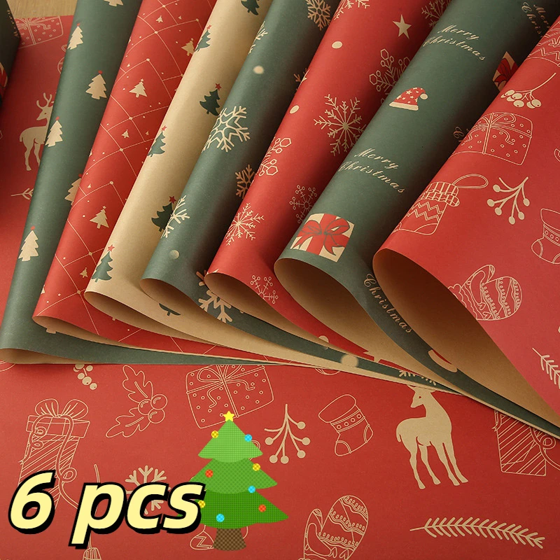 3/6pc Christmas Wrapping Paper Vintage Kraft Festival Gift Wrap with Xmas Tree Snowflake Patterns for Present Packing Decoration