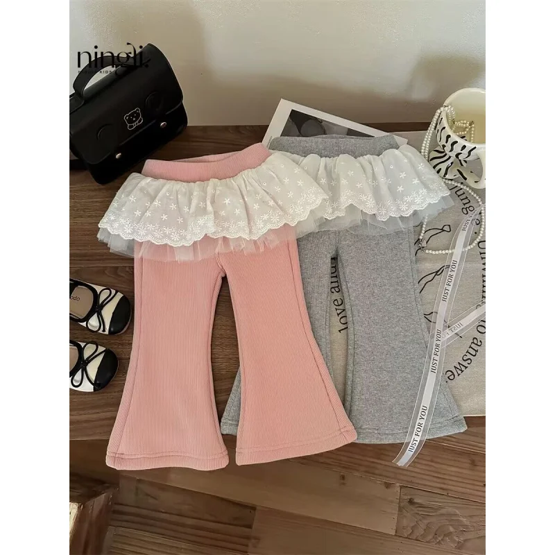 

Girls' Fleece-Lined Trousers Autumn and Winter Female Treasure Lace Single-Layer Fleece-Lined Trousers Bell-Bottom Pants BeltpCu