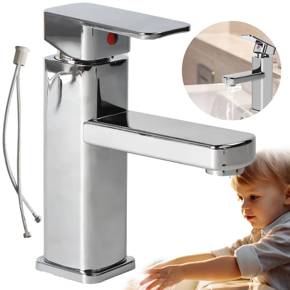 Bathroom Sink Faucet Square Basin Faucet Hot & Cold Water Mixed Water Faucet Vanity Tap Deck Mounted Washbasin Tap