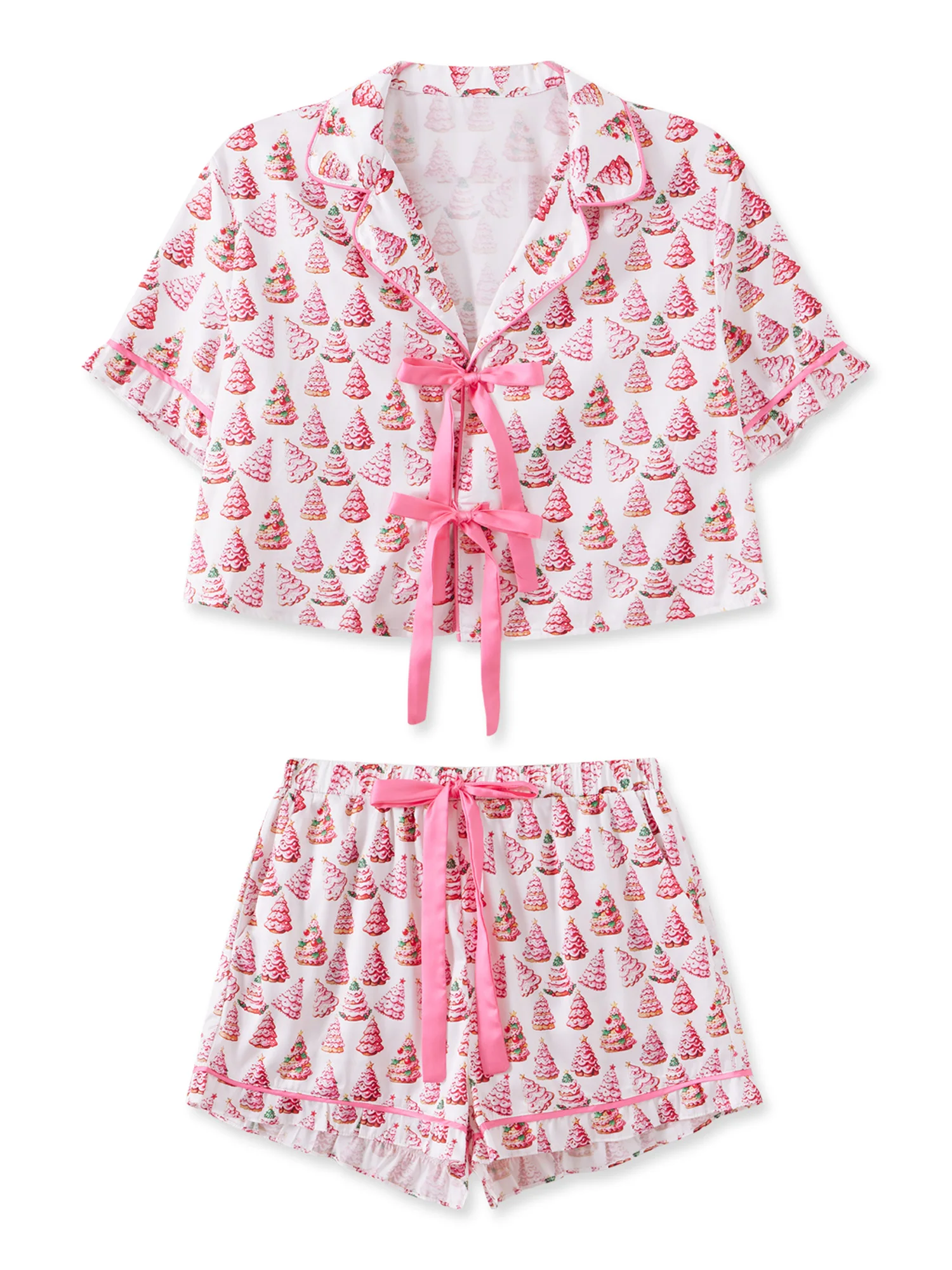 

Womens Christmas Pajamas Sets Print Tie Bow Front Long Sleeve Lapel V Neck Tops and Shorts Lounge Wear 2 Pcs Set