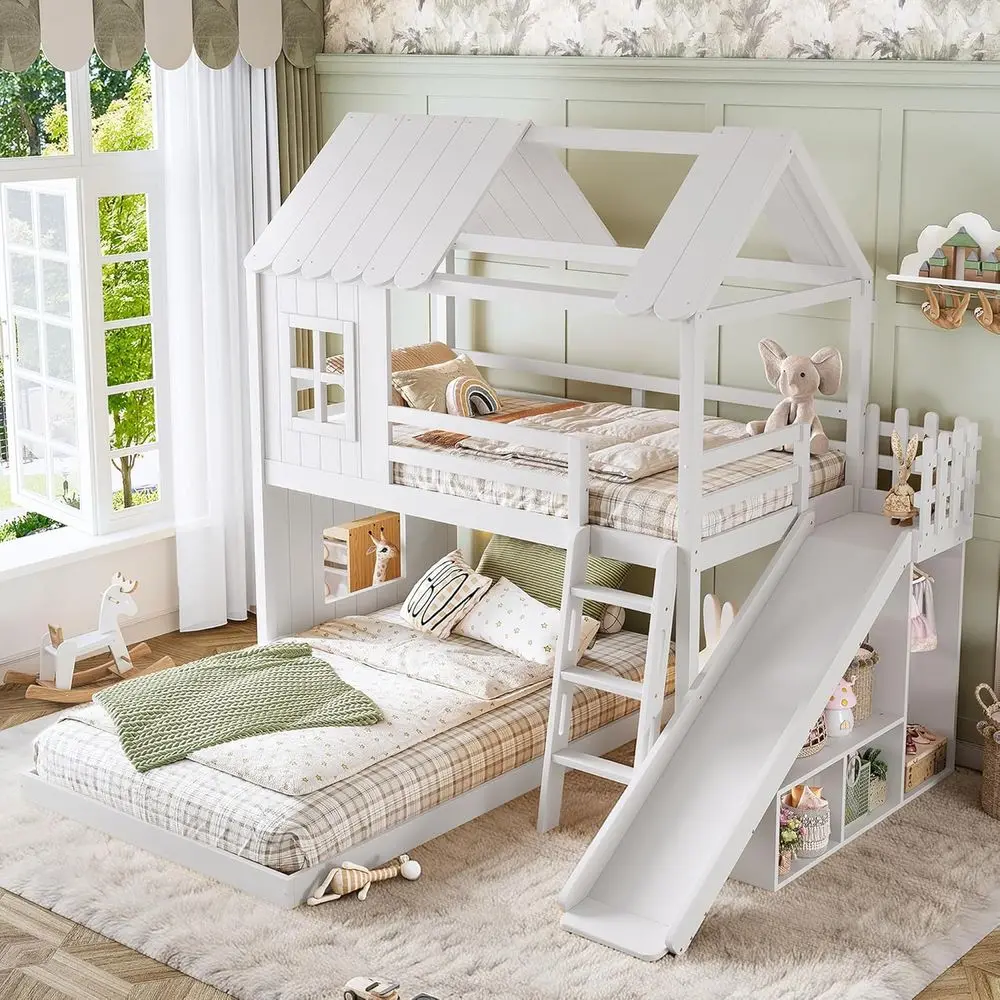 

House-Shaped Bunk Bed with Slide, Twin over Full, Wardrobe & Storage, Suitable for Kids, Light White