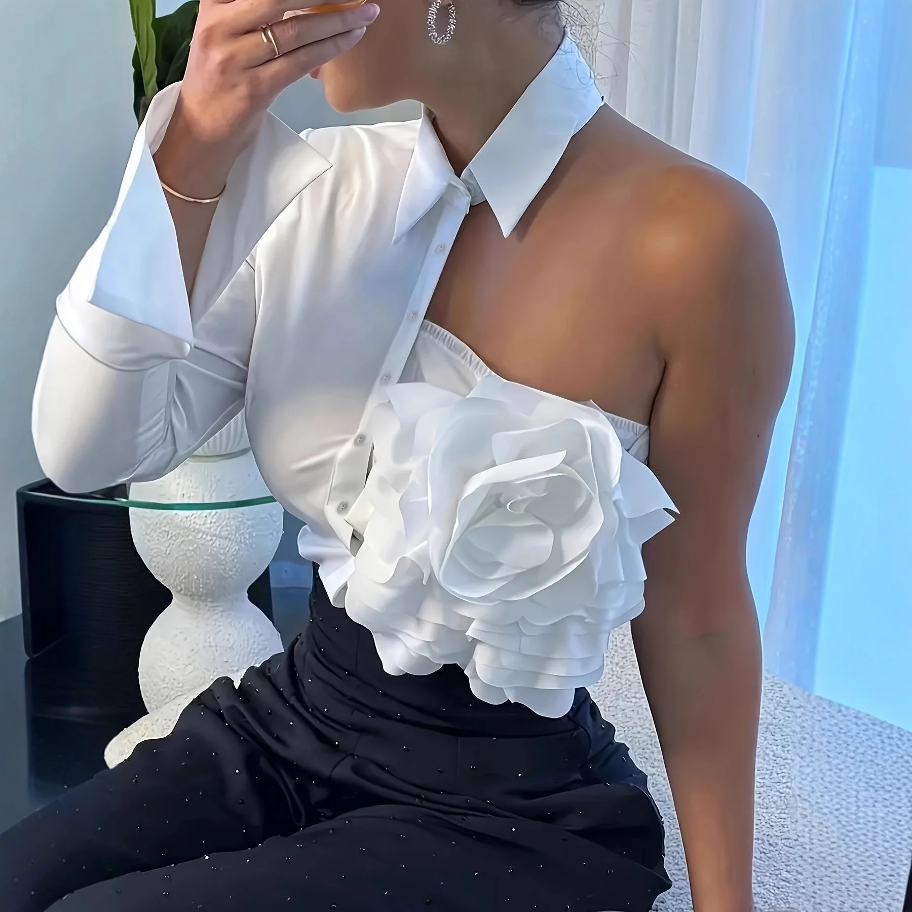 One-Shoulder Shirt Asymmetric Cutout Elegant Blouse Three-Dimensional Floral Applique Top Fashionable Versatile Chic