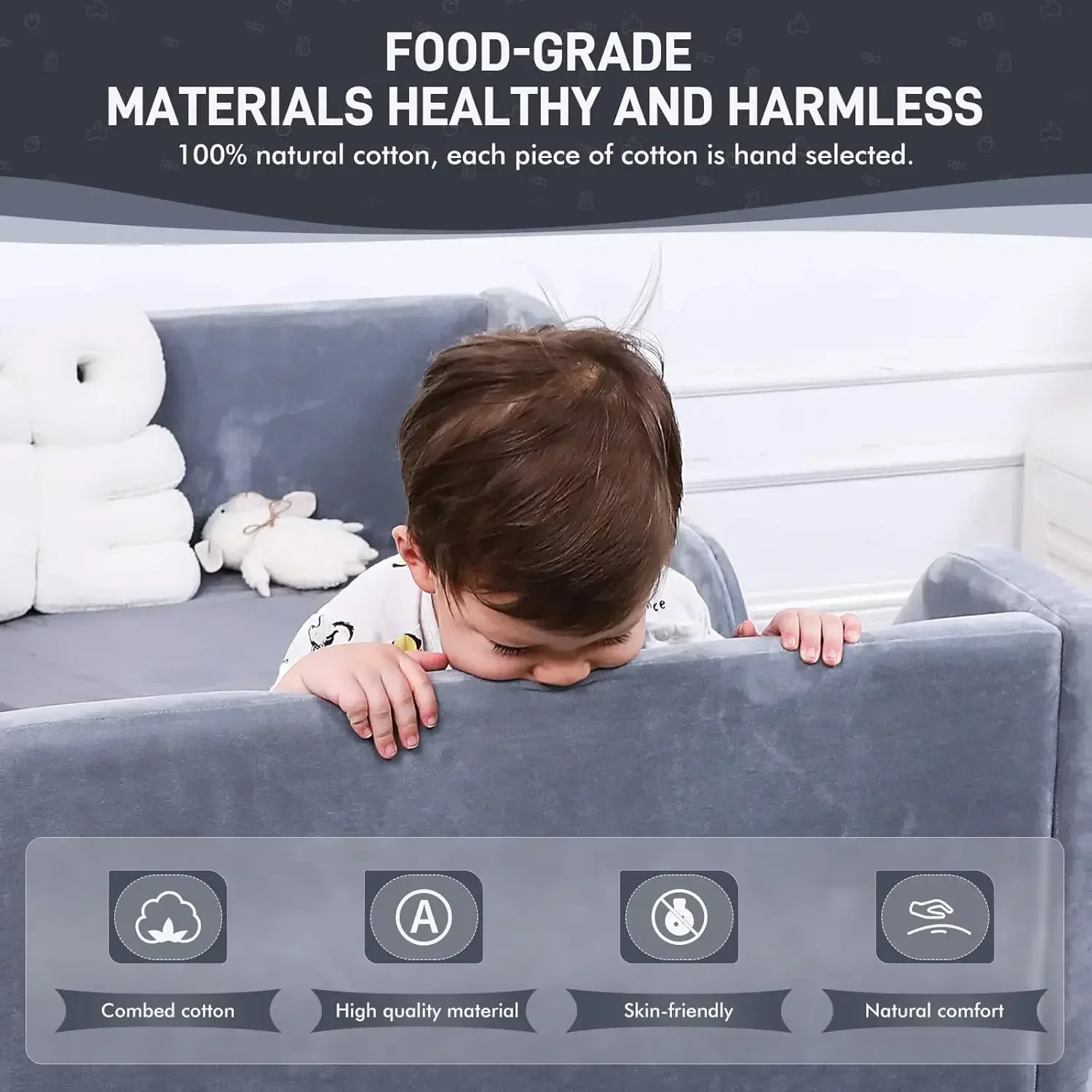 Cama infantil para niños con seguridad adicional ancha, tamaño de cuna estándar, camas para niños pequeños de tela certificadas, cama de suelo para niños pequeños (gris