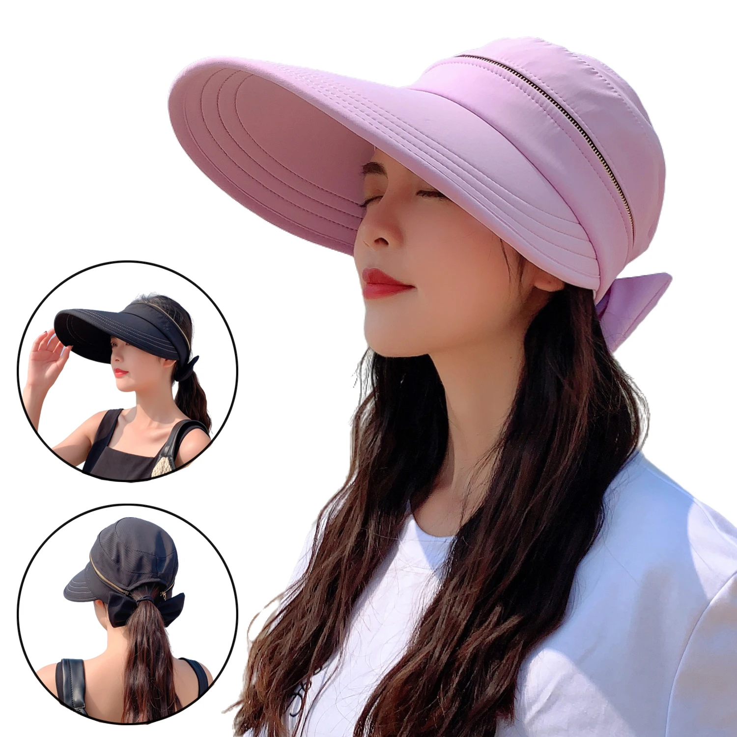 Women's 3-in-1 Convertible Sun Hat UPF 50+ UV Protection Wide Brim Detachable Top Baseball Cap With Ponytail Hole for Outdoor