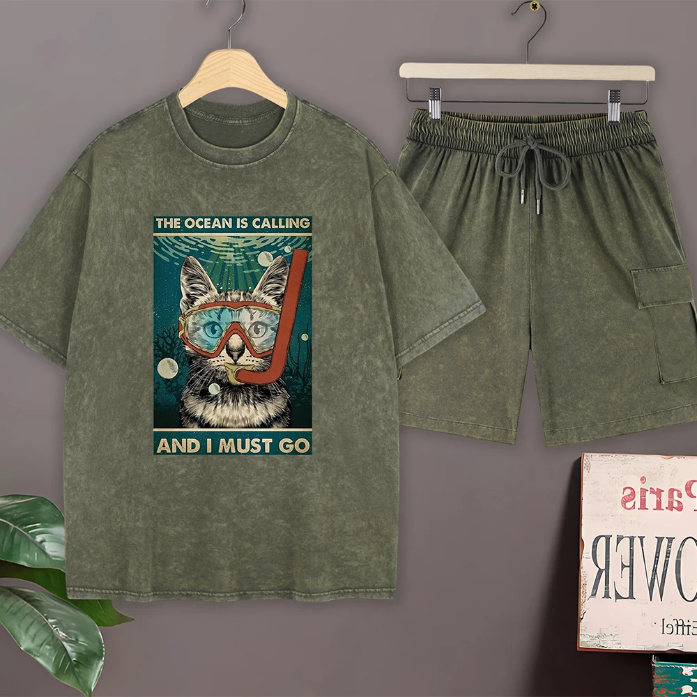 

The Ocean Is Calling Cat Cotton Washed T-Shirts Set Mens Summer Short Sleeve Tops Pants O-Neck Oversize T Shirt Cargo Shorts