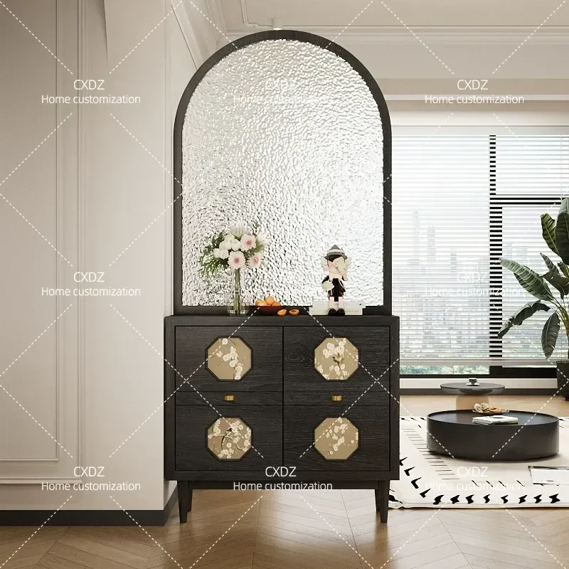 Solid Wood Entry Door Screen Partition with Water Pattern Glass Living Room Shoe Cabinet Entrance Storage Cabinet Household