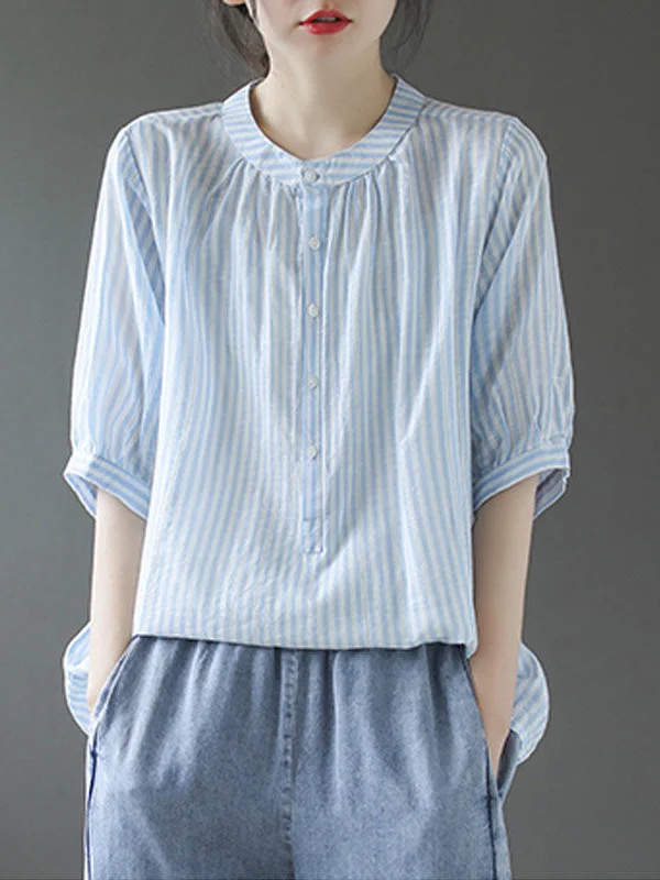 

Thin Cotton Linen Stripe Pure Color Women's irt Large Size Versatile Top Artistic Commute Sle Loose Fit Summer irt