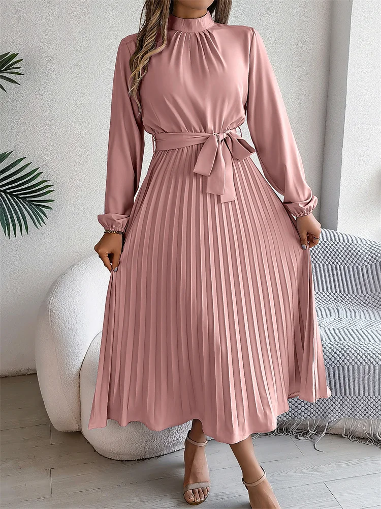 Msfilia Elegant Stand Collar Spring Summer Solid Long Dress Women Full Sleeve High Waist Design Pleated Dress image 5