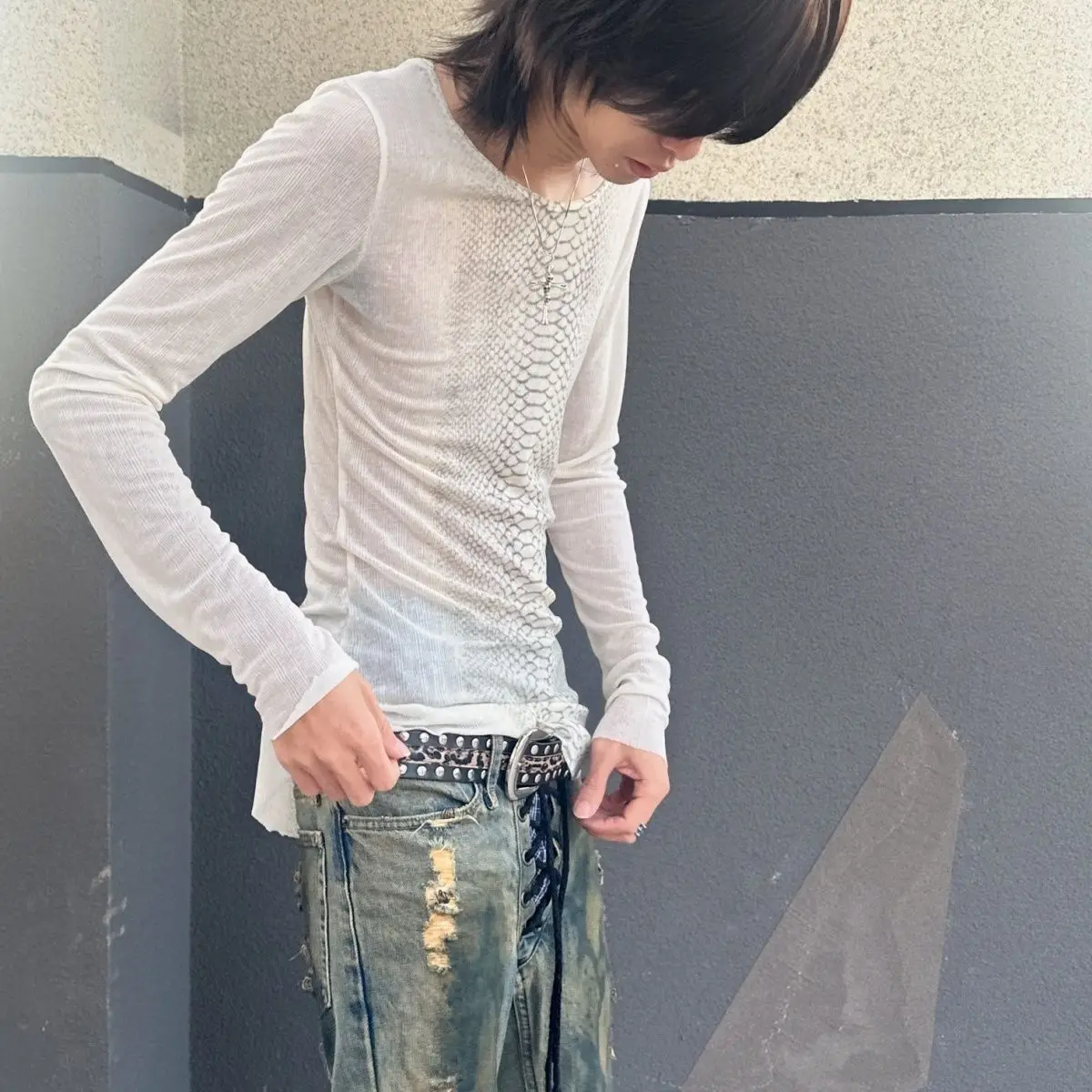 Y2K Skin Print Sheer Mesh Long Sleeve Top Back Cross Slim Fitted Streetwear Grunge Aesthetic Going‑Out Blouse