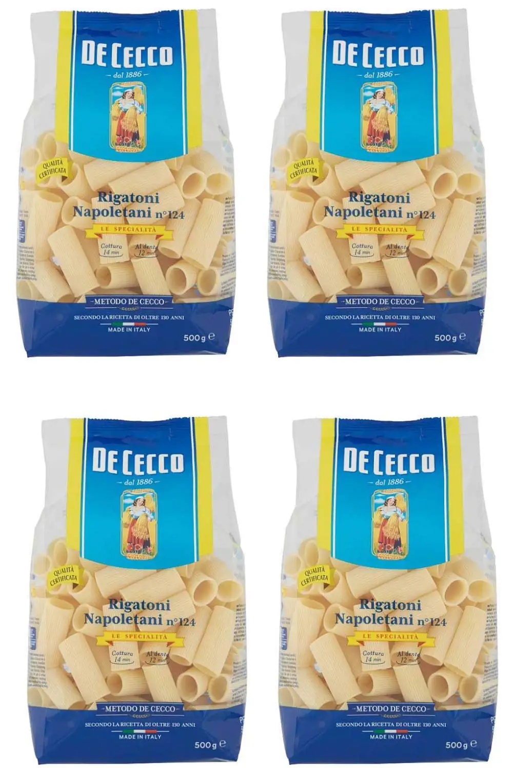 De Cecco Rigatoni Napoletani Pâtes Corta 500 gr, Paquet de 4