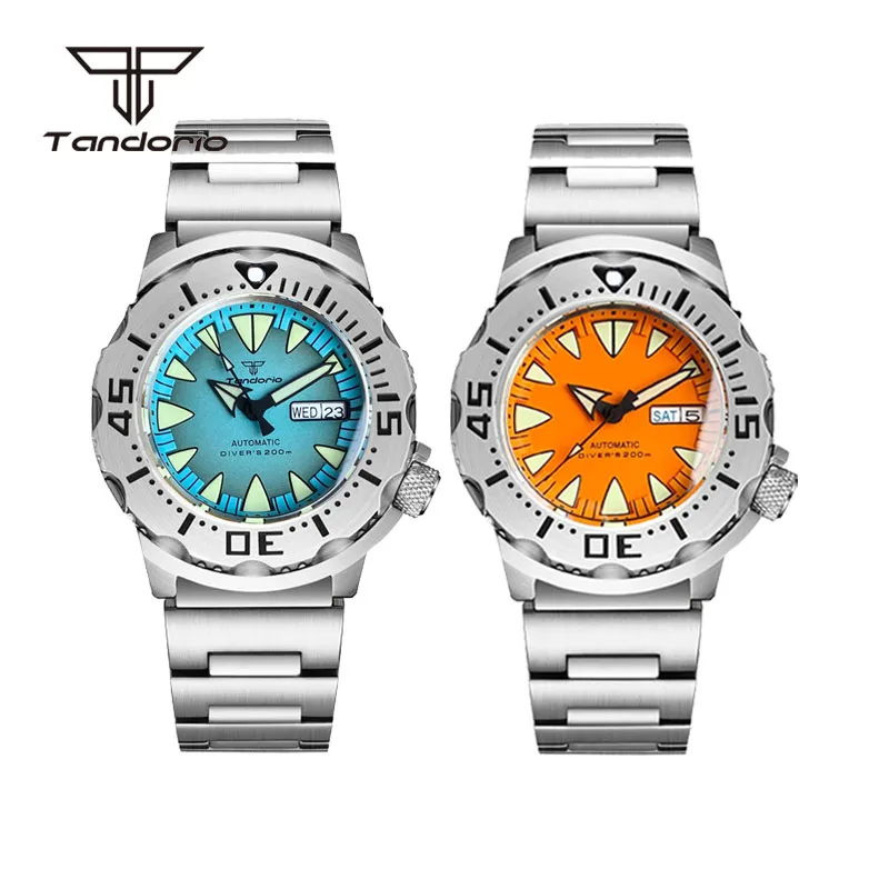 Tandorio Monster NH36A Mechanical Dive Automatic Men\'s Watch AR Sapphire 42mm 20BAR Steel Wristwatch Double Date Green Luminous