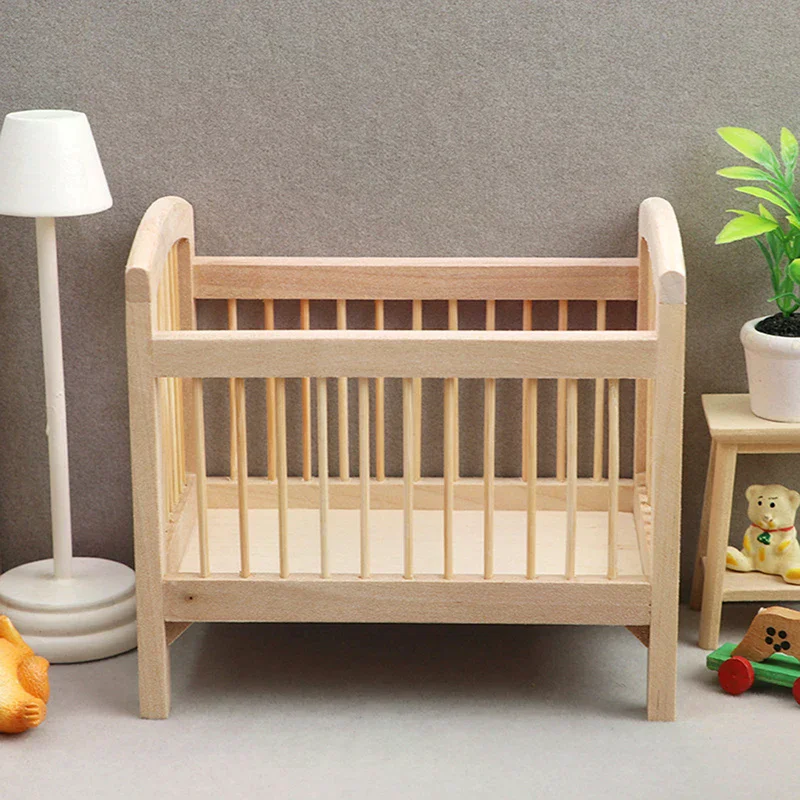 Furniture Accessories 1:12 Dollhouse Miniature Wood Baby Bed Simulation Bedroom Doll Model Doll House view 3