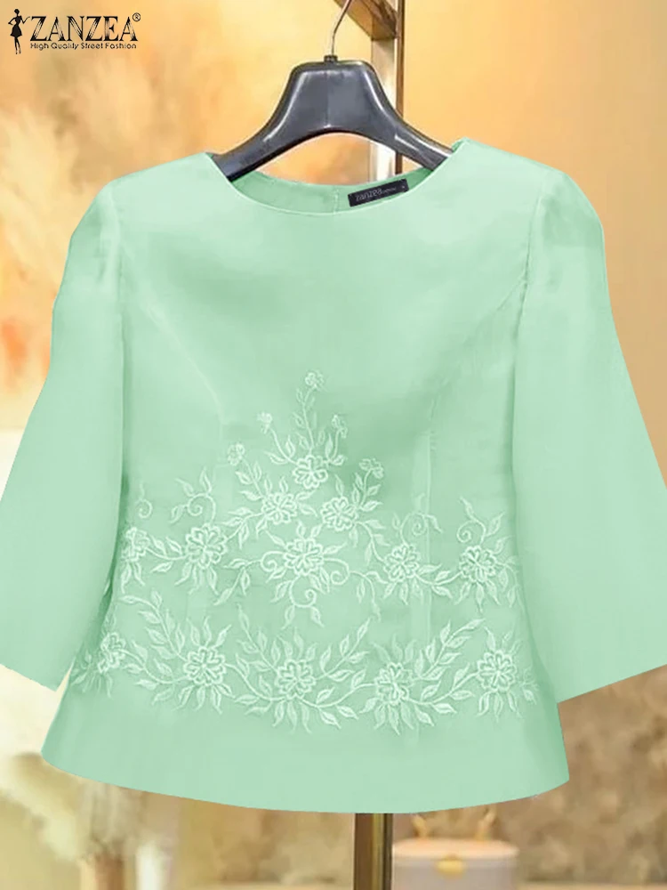 Vintage Embroidered Tops Women Blouse Three Quarter Tunic ZANZEA 2025 Elegant Style Blusas Printed Summer O Neck Pullover Baggy