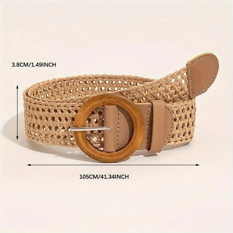 New Arrival Woven Retro Cotton-Linen Ethnic-Style Women’s Belt Fashionable Vacation-Style Dress Belt with Round Buckle Accent