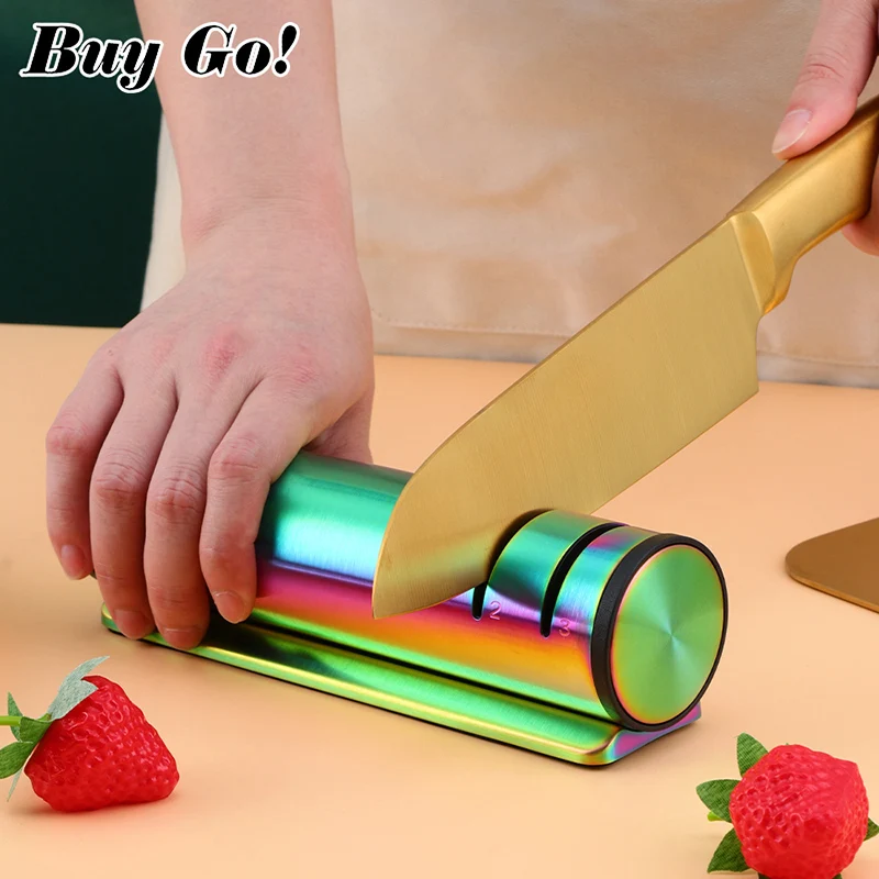 Knife Sharpener 3 Stages Gold Kitchen Knife Sharpening Tool Quick Sharpening Stone Professional Stainless Steel Chef Accessories