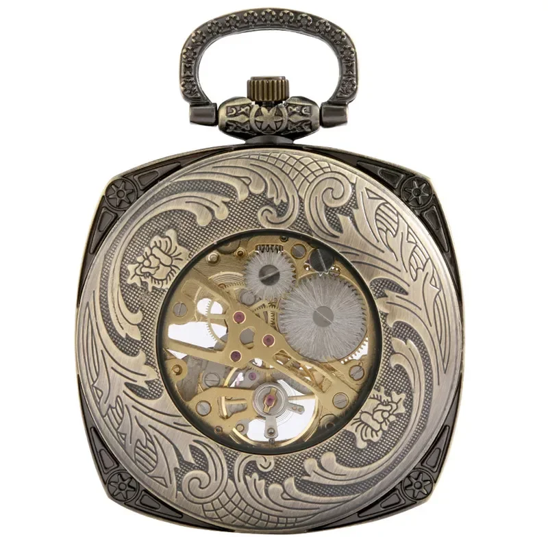 Bronze Square Case Men Women Handwinding Mechanical Pocket Watch with Pendant Chain Skeleton Clock Retro Timepiece