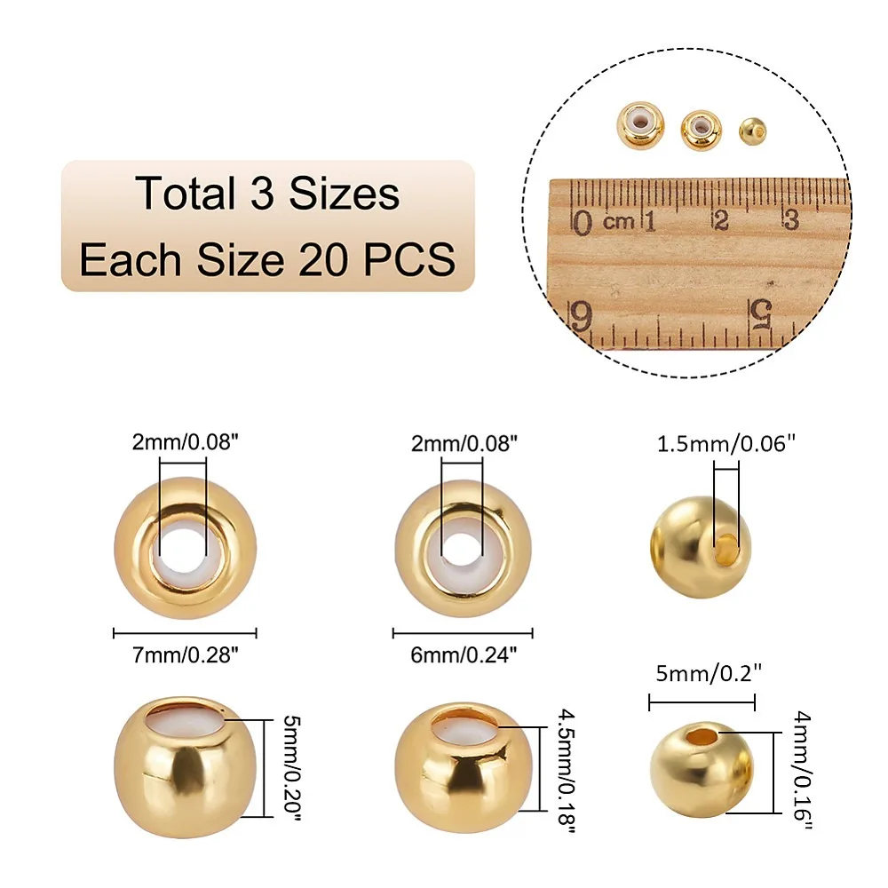 18K Gold Stopper Beads 60pcs Slider Beads Brass Rubber Beads Adjustable Round Beads Positioning Spacer Beads for DIY Jewelry