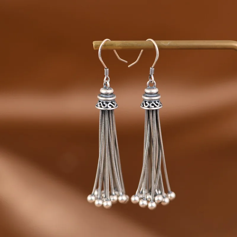 

1Piece Ethnic Thai Silver Chains Balls Tassels Jewelry Sets for Women China Chic 925 Silver Earrings Pendants Necklaces NO Chain