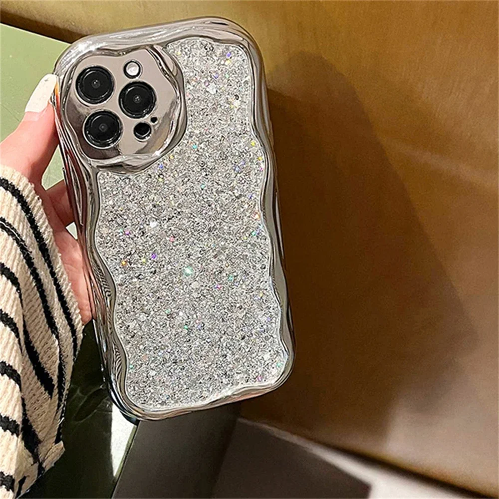 Luxury Bling Silver Plating Wavy Phone Case For iPhone 15 14 13 12 11 Pro Max X XR XS Glitter 3D Epoxy Shockproof Bumper Cover