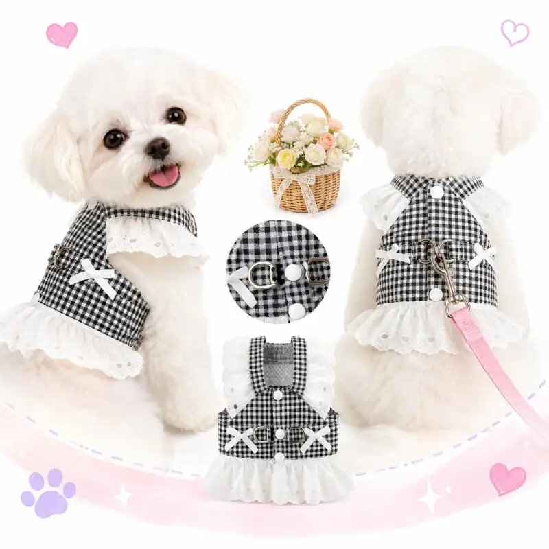 Dog Harness Dress for Small Dogs Lace Plaid Puppy Harness Vest Adjustable Walking Outfit Cute Pet For Breed Chihuahua Clothe