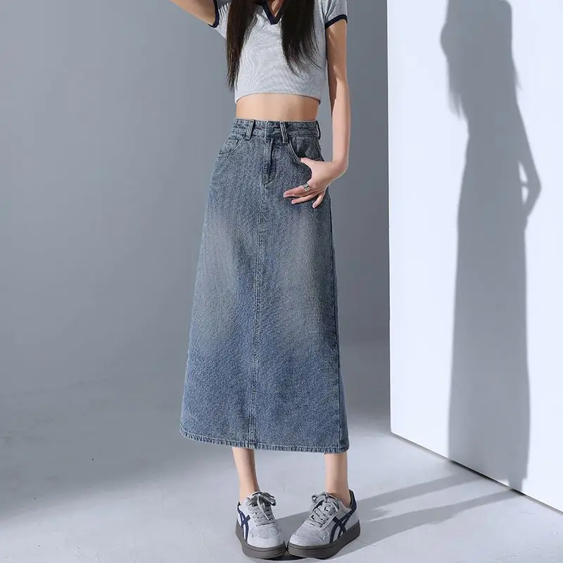

2025 Новая мода, элегантная длинная джинсовая юбка, женское поступление, ретро, повседневные хлопковые синие уличные женские свободные потертые юбки трапециевидной формы