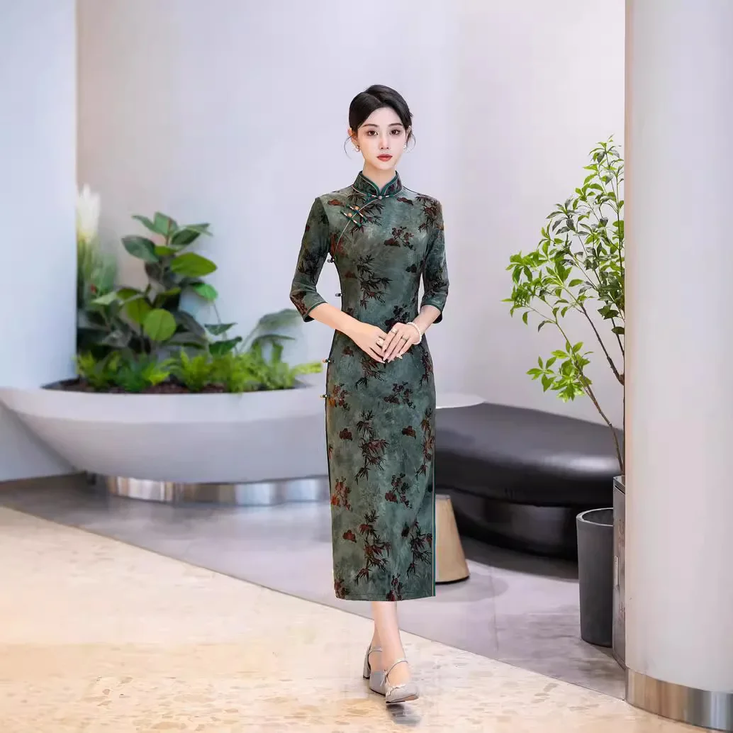 Yourqipao 2024 New Style Chinese Traditional Jacquard Composite Cheongsam Long Slim Qipao Evening Dress